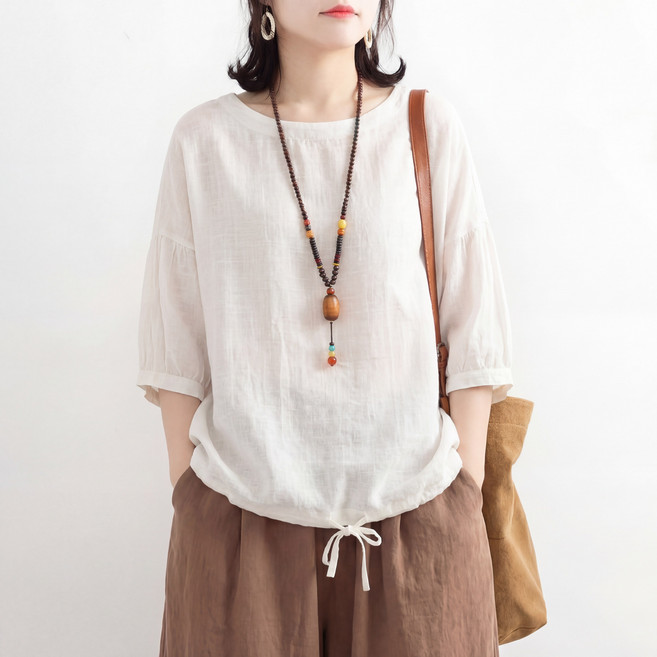 엘바리스 중년 여성 루즈핏 데일리 라운드넥 가오리핏 7부소매 티셔츠