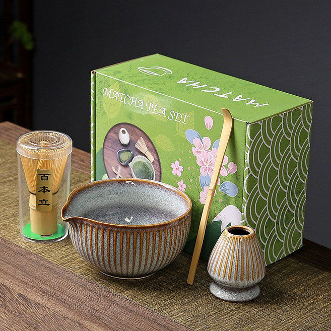 日式抹茶套裝 陶瓷抹茶碗禮盒組 茶道工具, 窯變白豎紋碗4件套+櫻花綠彩盒, 如圖, 1個