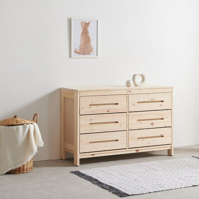 라반가구 편백나무 루아 3단 수납장 와이드 서랍장 다용도 수납장 거실장 양말수납장 네추럴 색상 원목 서랍장, 6단