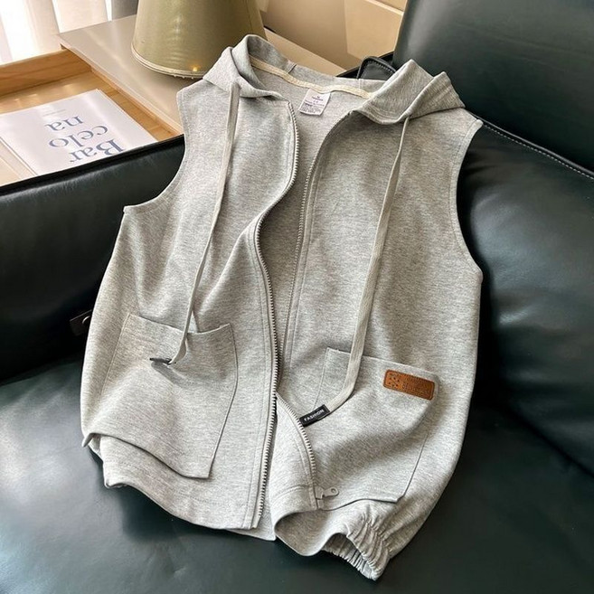 灰色美式潮牌連帽衛衣馬甲男女春秋百搭休閒無袖背心拉鏈外套ins 馬甲背心 背心外套 無袖外套