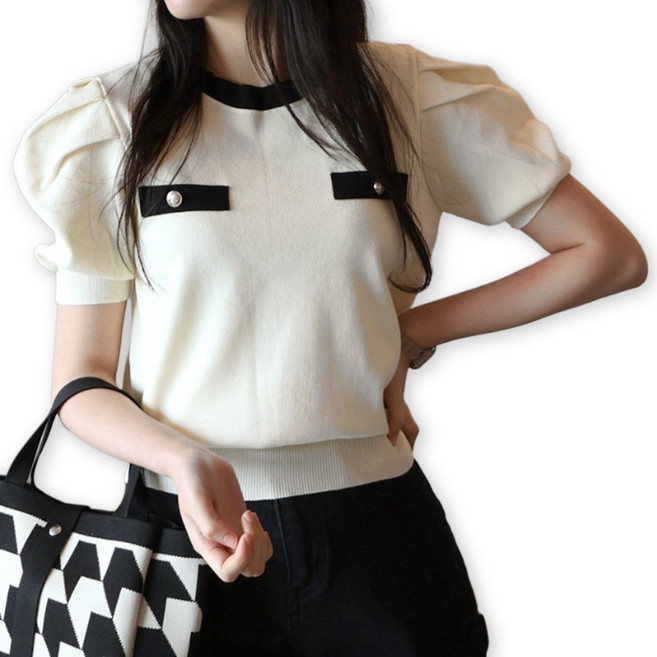 메리앤유 셔링퍼프소매 포켓배색디테일 라운드넥 여름니트