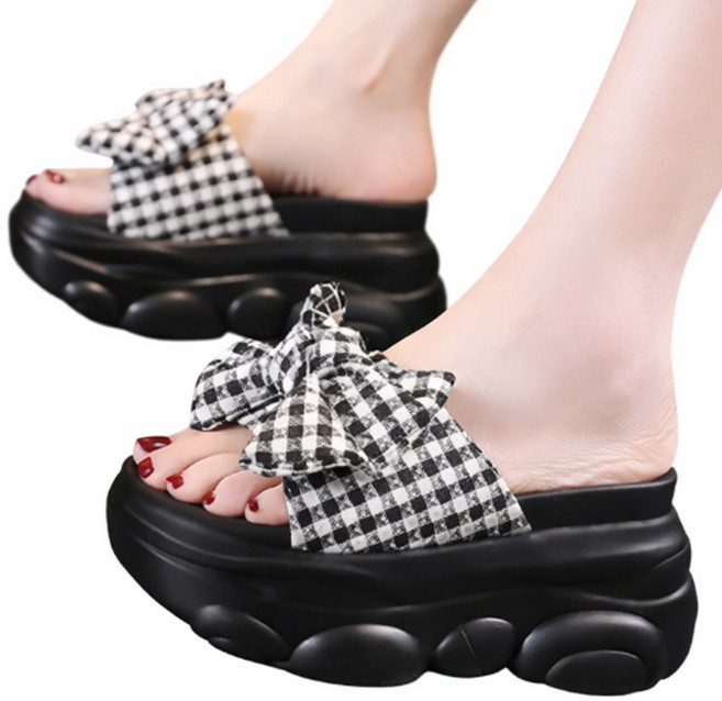 차쿠 여성 통굽 슬리퍼 왕리본 통굽 슬리퍼 굽높이 8cm