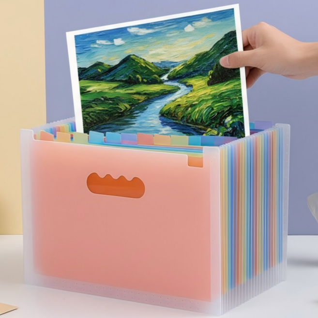 대용량 25포켓 아코디언 파일 정리함 서류꽂이, 25단, 투명 레인보우
