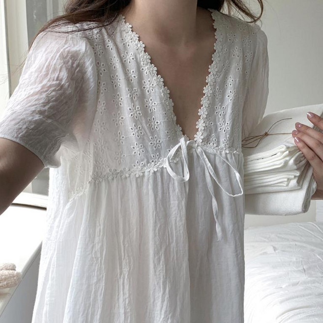 피어 여성 여름 원피스 잠옷 반팔 순면 공주 임산부 파자마 홈웨어