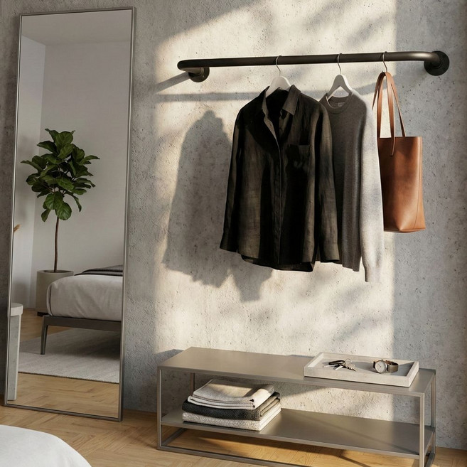 일로오게 매장용 벽고정 옷걸이 파이프바 벽행거, 블랙