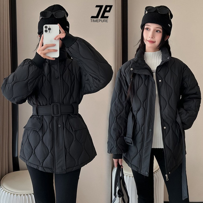 여성용 스탠드 칼라 퀼팅 경량 패딩 벨트 방한 패션 코트 겨울 점버 데일리 캐주얼 아우터