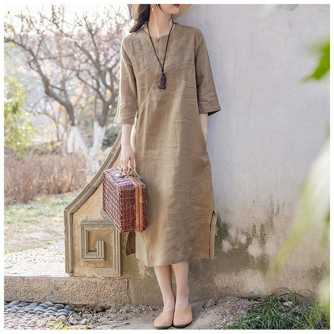 빛깃닥 여성 원피스 여름 린넨 자수 라운드넥 반팔 시원한