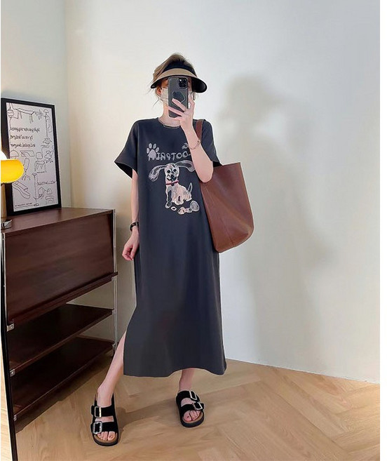 론조모니 편안한 여성 여름 긴 캐주얼 티셔츠 세련된 블랙 반소매 해바라기 프린트