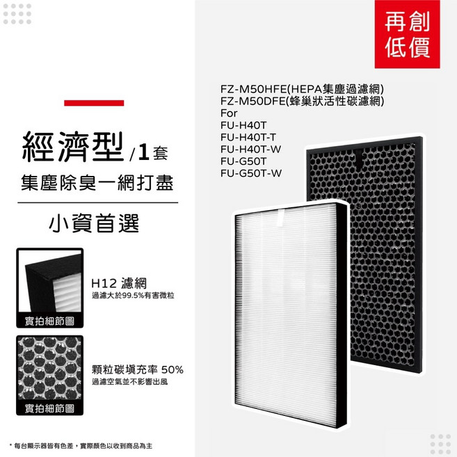 蟎著媽 適用 夏普 SHARP FU-G50T-W FU-H40T-W FZ-M50HFE FZ-M50DFE 空氣清淨機 濾網, 1個, 經濟型-集塵HEPA+除臭顆粒碳/各一片, M50HEPA*1+M50CA*1