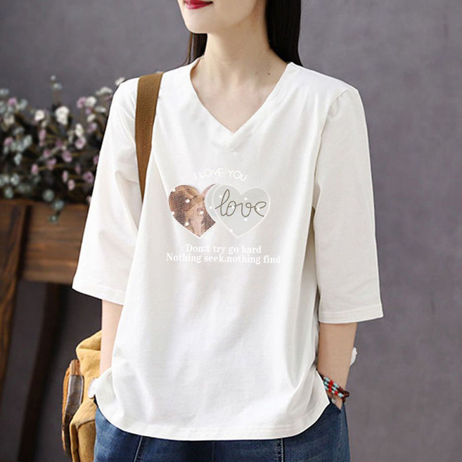 MOSAIRATION 여성 하트 프린트 브이넥 루즈핏 캐주얼 데일리 코튼 칠부소매 티셔츠 V01022732