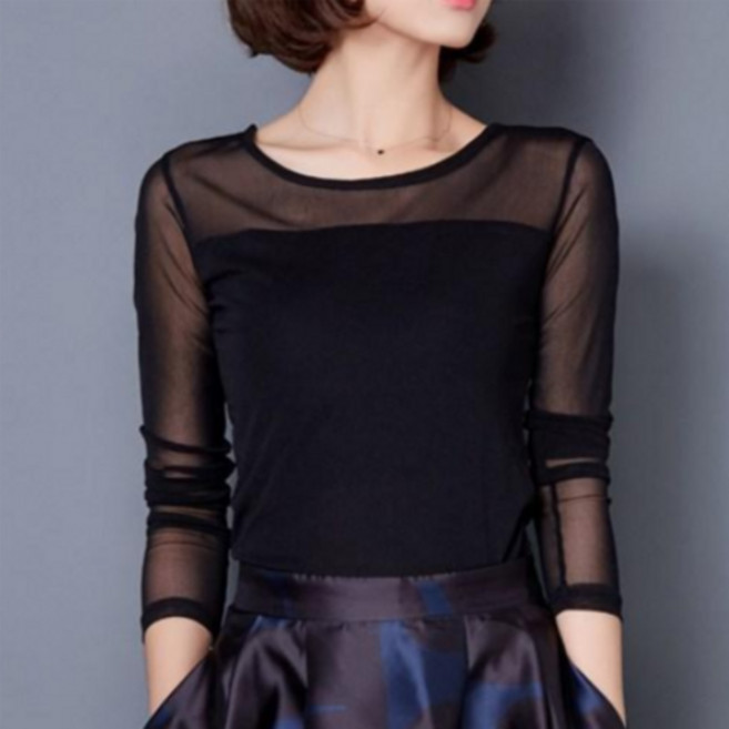 로미홀리 홀리 스판 시스루 섹시 망사 이너 레이어드 긴팔 티셔츠 블라우스 S94
