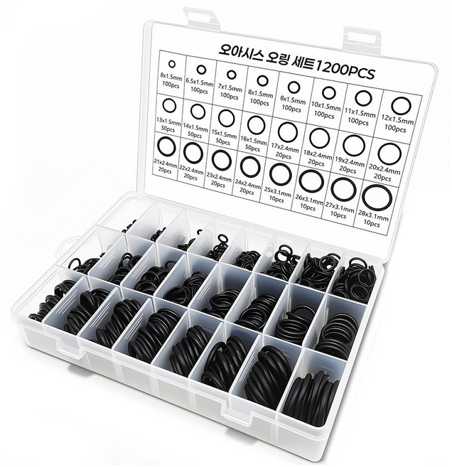 O링 고무오링 1200PCS 내열 실리콘오링 오일링 고무링 바킹 패킹, 블랙 1200PCS 세트(케이스포함), 1개