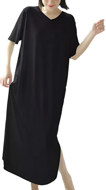 [블랑커브] 여성용 시원한 냉감소재 V넥 루즈핏 반팔 롱원피스 잠옷 홈웨어 3colors