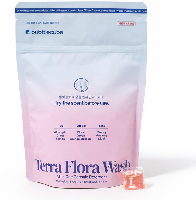 버블큐브 테라플로라워시 올인원캡슐세제 30캡슐 중성세제 유해성분 불검출 피부저자극 실내건조, 1개, 30개입