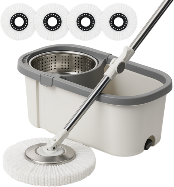 공간온도 대걸레 짤순이 + 극세사걸레 4장 스텐통 마포 마대 밀대 탈수기, 1세트