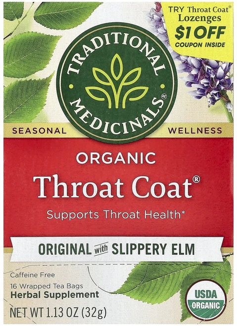 건강챙기세요 Traditional Medicinals 유기농 Throat Coat® 느릅나무가 함유된 오리지널 카페인 무함유 포장 티백 16개입 32g(1.13oz) 백살까지오래오, TraditionalMedicinals유기농Throat, 1개, 32g - 쿠팡