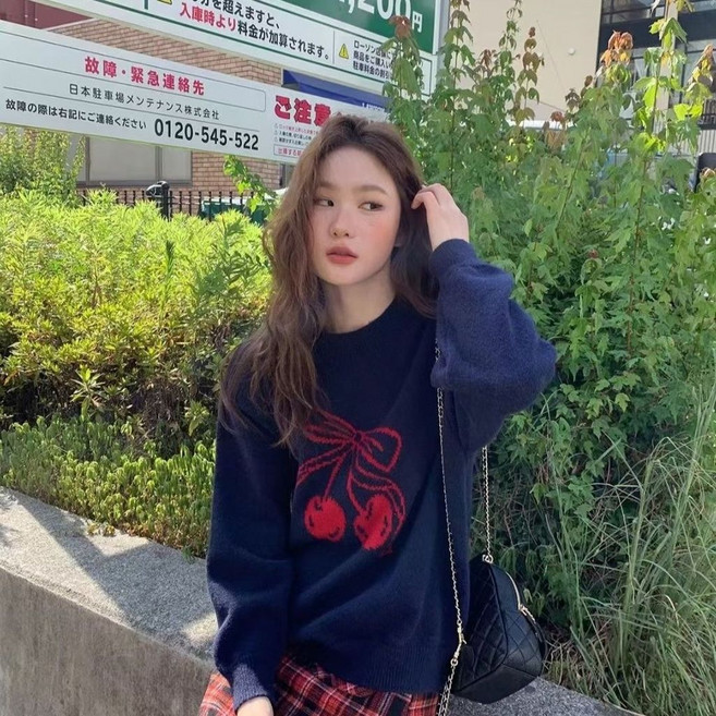 櫻桃提花蝴蝶結針織衫 秋冬新款 寬鬆圓領套頭毛衣女