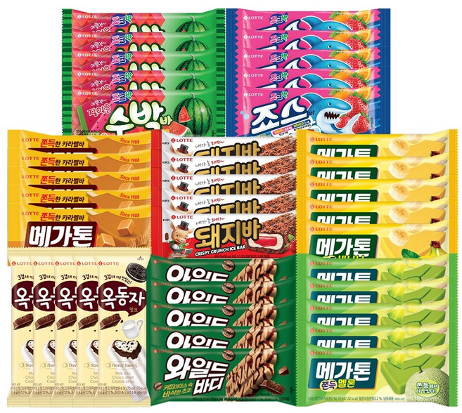 롯데 바 아이스크림 8종 40개 혼합구성 옥동자 와일드바디 메가톤바 돼지바 죠스바 수박바 등, 70ml