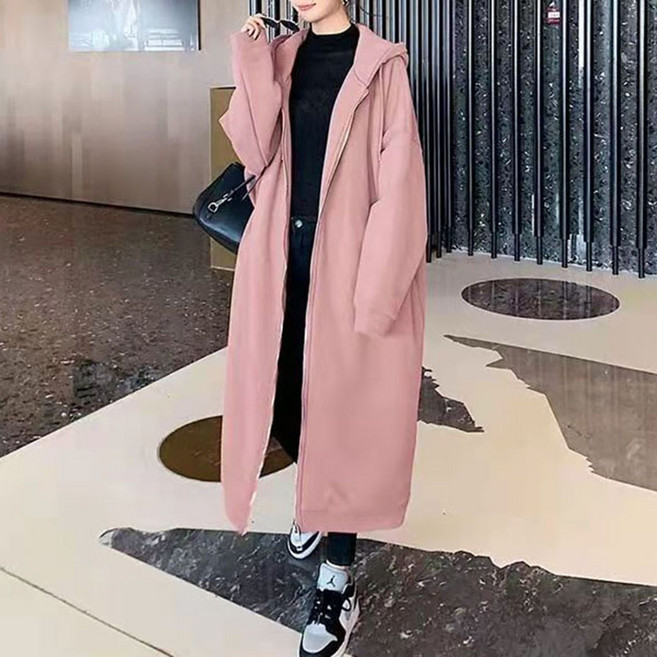 ORZQU 봄가을 여성 후드 롱 코트 캐주얼 스타일