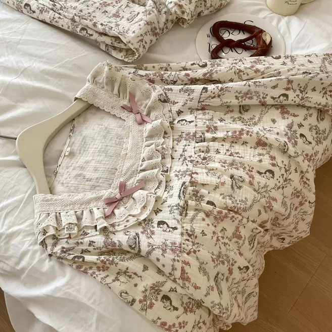 여성용 면사 빅사이즈 상하의 스위티 레이스 긴팔 바지 세트 이중 거즈 통기 잠옷 세트 100%순면 홈웨어