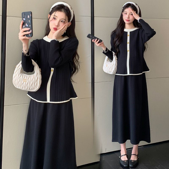 가을 겨울 임산부 상하복 빈티지 임부 니트 + 조절 스커트 세트 프렌치 임부복 상하 세트 YSQ