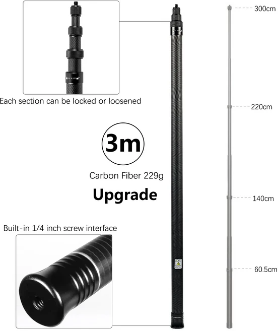고프로 히어로 맥스 10 9 8 7 6 5 Osmo 액션 Insta360 용 셀카봉 탄소 섬유 확장형 핸드헬드 모노포드 3M 2, 06 3m Upgrade Monopod