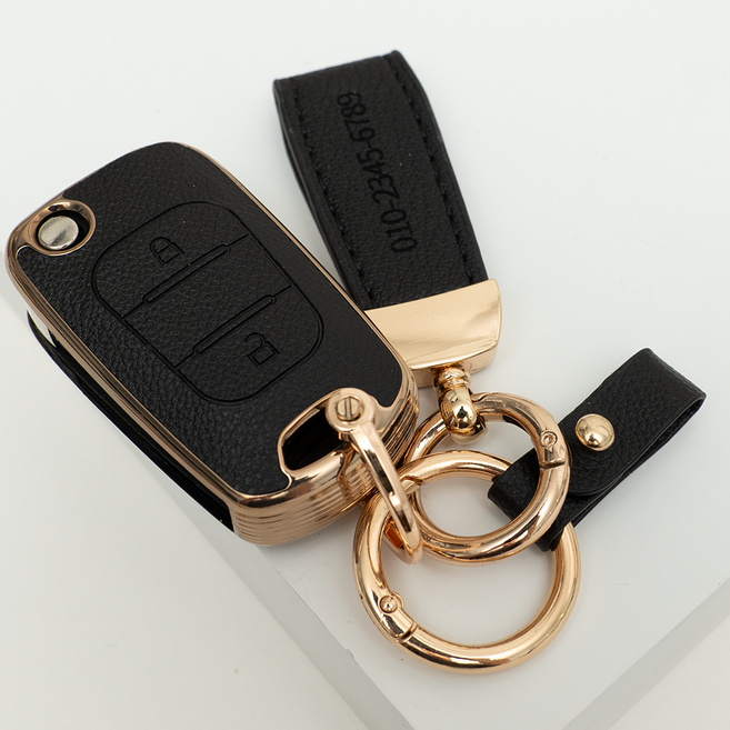 양면각인 기아 호환 레이 모닝 봉고3 스포티지 리모컨 가죽 차키케이스 커버 폴딩 2버튼 키홀더 스트랩, KH17_TL09, 블랙골드