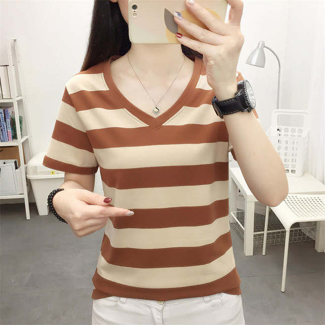 베씨 빅사이즈 여성 파스텔 볼드 스트라이프 브이넥 반팔티셔츠 여자 단가라
