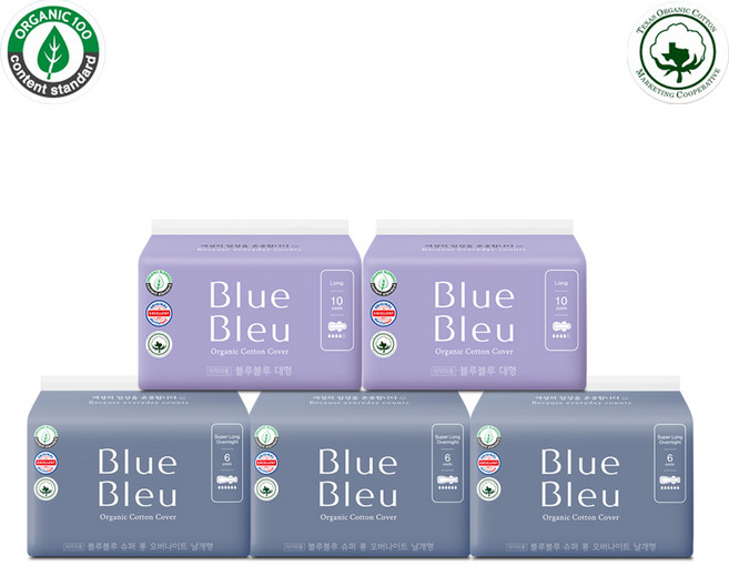 블루블루 유기농 생리대 오버나이트3팩 대형2팩, 5개