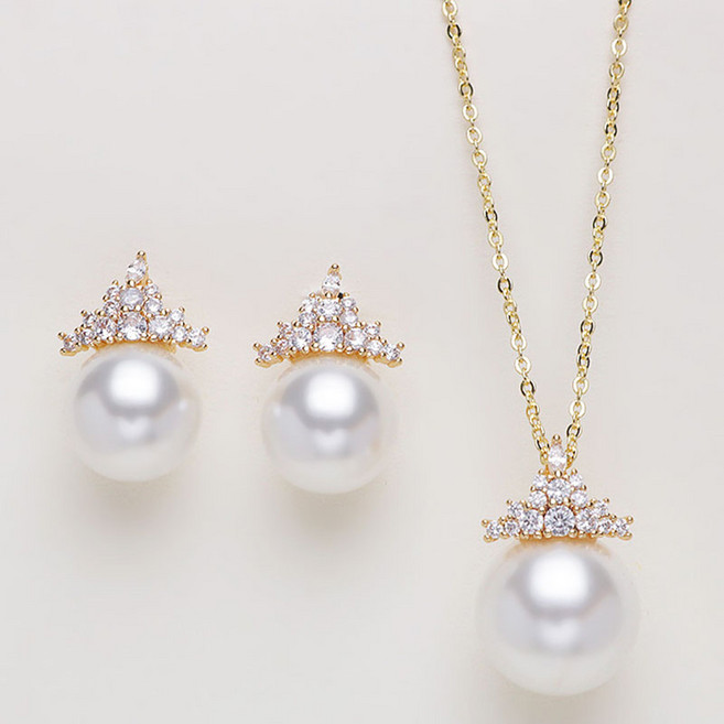 FANSYLI 고급스러운 느낌 진주 쥬얼리 세트 여성 자개 진주 큐빅 목걸이 귀걸이 2p 세트 14k 18k 골드 도금 크라운 펜던트 세트 선물 W2412D19