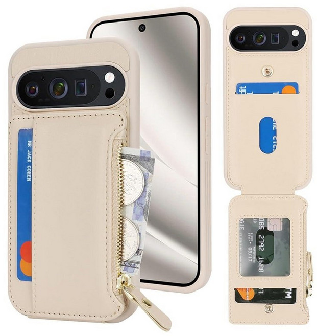 Cavor 구글 픽셀 10/픽셀 10 프로 케이스 지갑 카드 홀더 포함 여성용 남성용 PU 가죽 지퍼 포켓 카드 슬롯 보호 폰 커버-크림