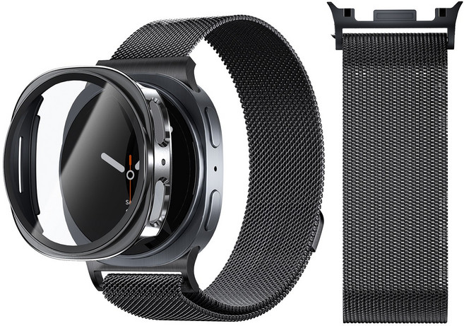 AITEWO 갤럭시워치 애플워치 호환 스트랩 마그네틱 밀레니즈 메탈 밴드 시계줄 액정보호 강화유리 풀커버 케이스 세트, 1개, 블랙