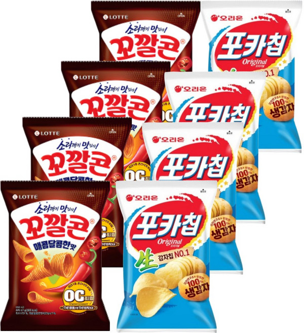 롯데 오리온 스낵모음 꼬깔콘 매콤달콤 67gx4개+포카칩 오리지널 66gx4개 (총8개), 67g