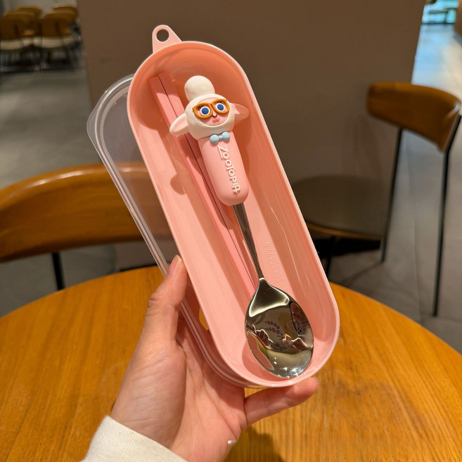 주토피아2 스테인리스 수저 포크 젓가락 세트 가정용 합금 젓가락 국자, 양 부시장(분홍색 원형 케이스), 1박스, [수저+합금 젓가락]