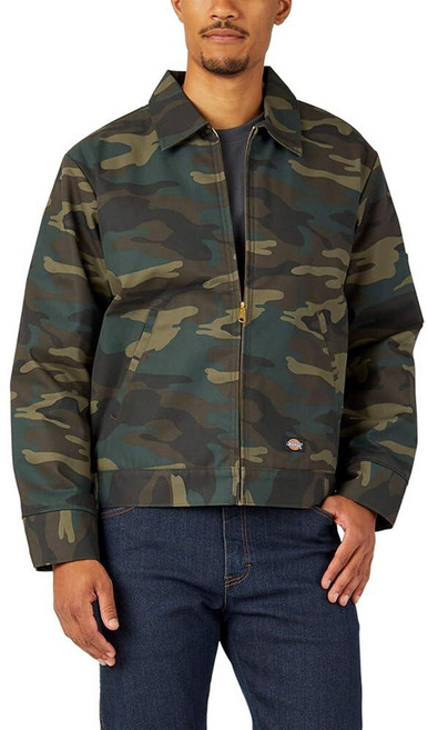 Dickies 남성용 절연 처리가 된 아이젠하워 앞면 지퍼 재킷 전면 다크 브라운., Hunter Green Camo
