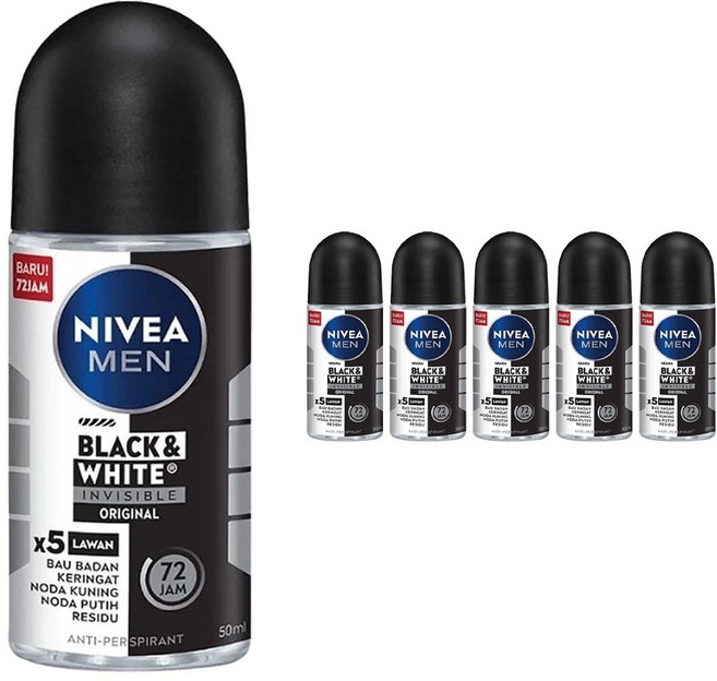 니베아 남성용 블랙 앤 화이트 인비저블 오리지날 롤-온 데오드란트, 6개, 50ml