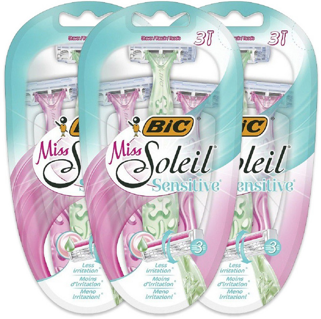 BIC 미스솔레일 센서티브 3중날 여성면도기 3개입, 3개