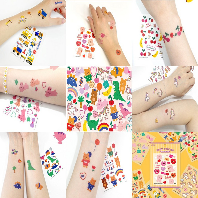 어린이타투스티커 페이스페인팅 유아타투 물없이붙이는 판박이 스티커 7종 3set, 3개, 체리와바나나, 8ta체리와바나나