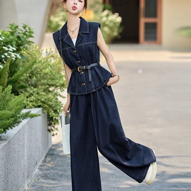 여성 캐주얼 여름 세트복 민소매 블라우스 와이드 청바지 상하세트 투피스