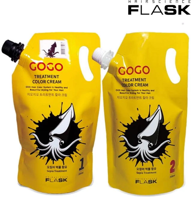 플라스크 오징어먹물염색약 지오지오 트리트먼트 칼라크림 블랙 1 2제 500ml 세트 새치 흰머리 염색, 1개 - 쿠팡