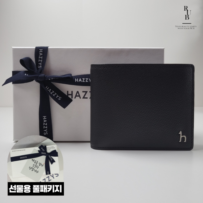 헤지스 남성 베이직 블랙 소가죽 반지갑 선물용 풀패키지