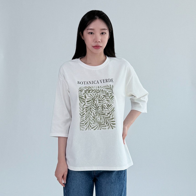 가든 스퀘어 레터링 7부 소매 루즈핏 반팔 티셔츠