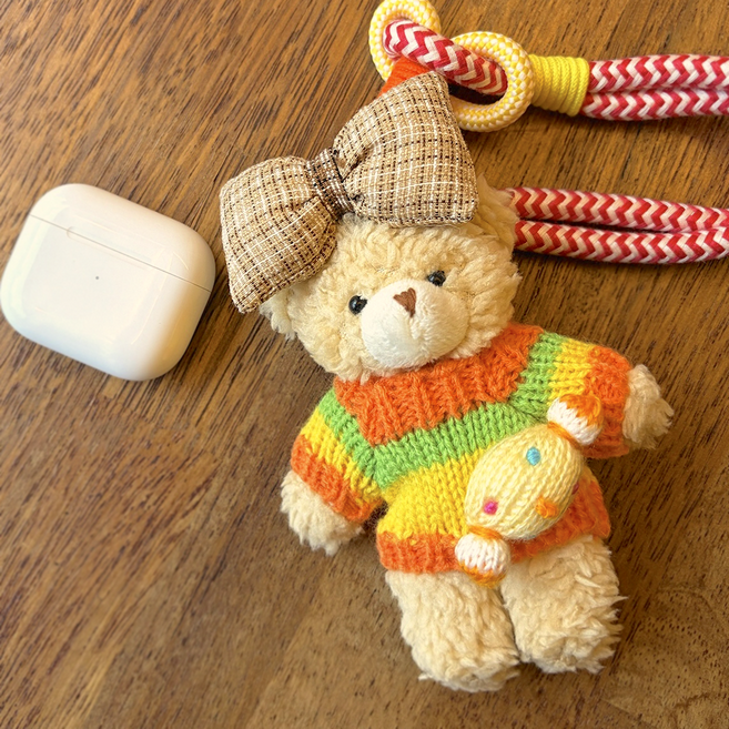 MOOLDN 캔디 니트 왕리본 곰돌이 곰인형 키링 가방고리 백꾸, 1개