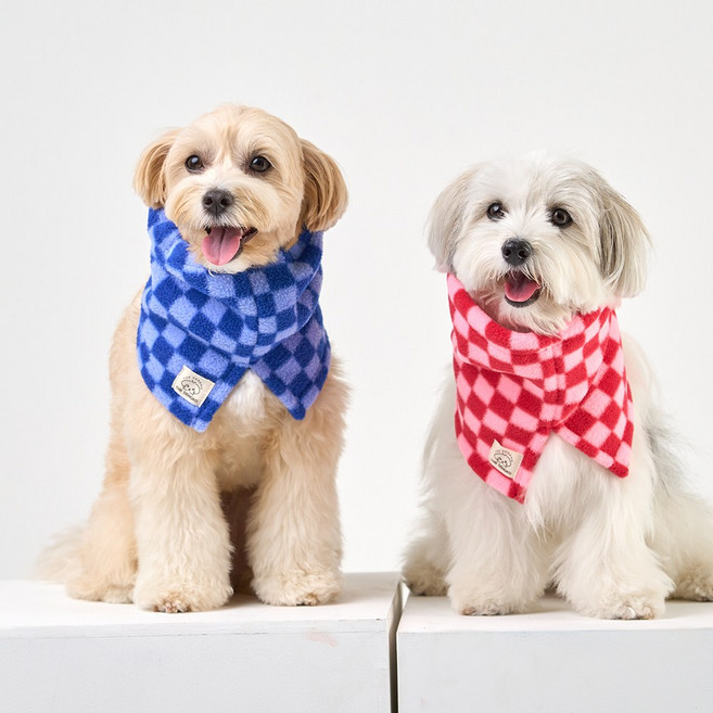 더댕코 플리스 바라클라바 스누드 체커보드 강아지넥워머, 진블루/블루