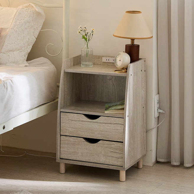 BuyJM 木森雙抽床邊櫃 附插座, 白櫻桃木紋, 1件
