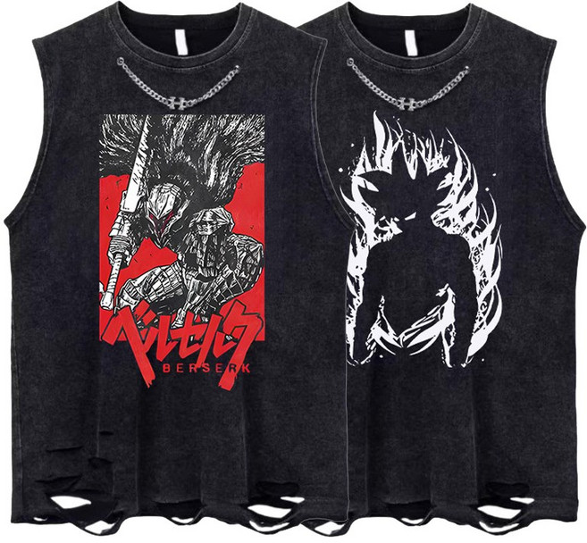 베르세르크 데미지 빈티지 나시티 100-110 다크 손오공 민소매 티셔츠 (+탈부착 체인 목걸이)