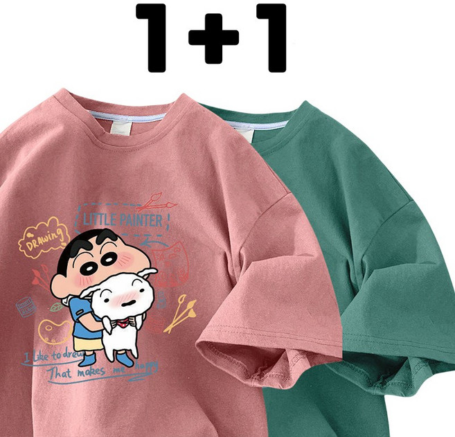 1+1 짱구티셔츠 커플 반팔티 남여공용 순면 프린팅 반팔