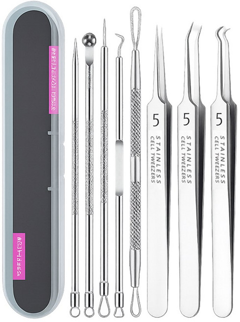 오름 여드름압출기 피지 블랙헤드 좁쌀 핀셋 세트, 1세트, 실버