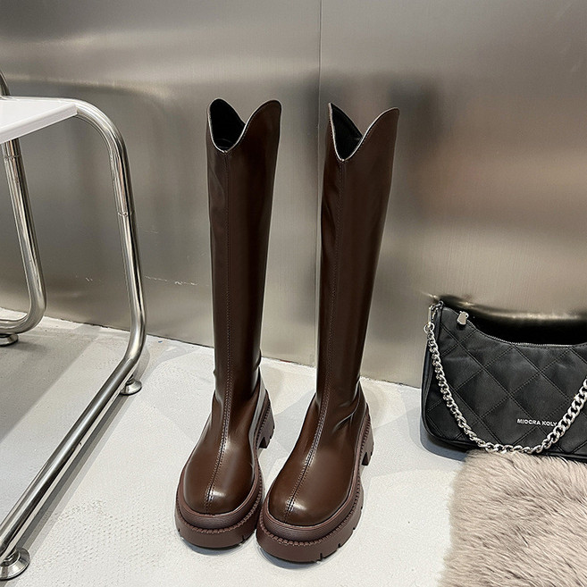 V口厚底長筒靴 女款，顯瘦高筒靴，時尚騎士靴，多色可選, 棕色 【現貨速發】,40