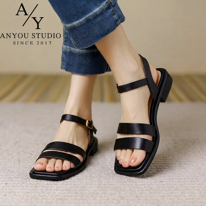 ANYOU 여름 샌들 가죽 여성 샌들 통굽 하이힐 발편한 캐주얼 슈즈 데일리룩
